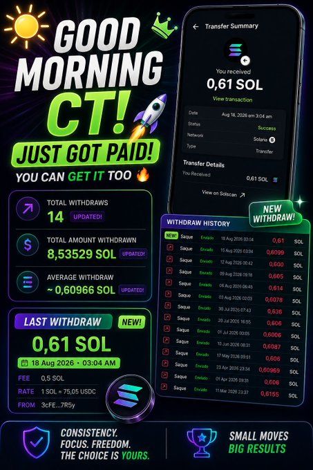 A graphic showing a crypto withdrawal notification of "0,61 SOL" on a mobile interface, with text reading "GOOD MORNING CT! JUST GOT PAID! YOU CAN GET IT TOO" and a withdrawal history totaling "8,53529 SOL".