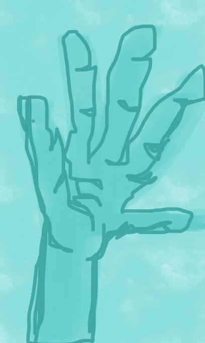 A minimalist line drawing of a hand with fingers extended, rendered in teal tones on a textured turquoise background.