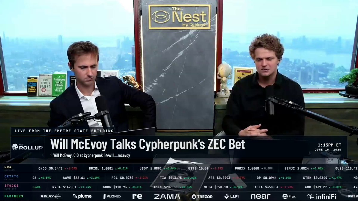 The image shows two men sitting at a table with microphones, likely participating in an interview or discussion about Bitcoin. The background features a window overlooking a cityscape, providing a view of the urban environment outside. The text "Institutional investors got orange-pilled and bought Bitcoin" suggests that the conversation might be related to the current state of Bitcoin's value or market sentiment. The post also mentions Bitcoin's transparency issue, which could be an important point in their discussion about the cryptocurrency.
