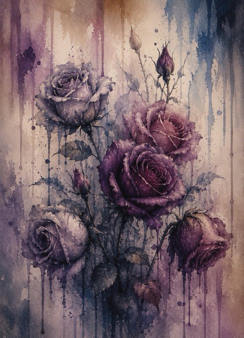 An artistic watercolor painting of purple roses with paint drips on a vintage textured background.