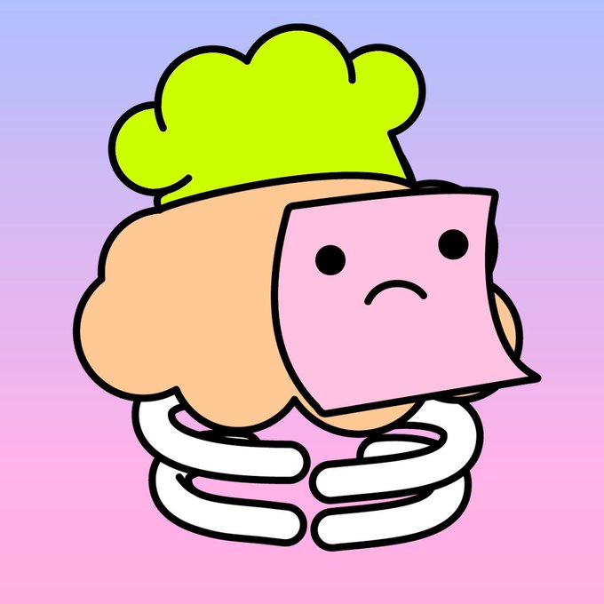 A cartoon illustration of a frowning, brain-like character wearing a green chef's hat and wrapped in white intestines, set against a pink-to-blue gradient background.