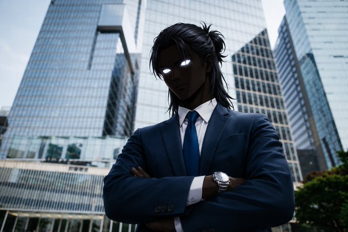 An anime-style illustration of a dark-skinned character with long dark hair and glowing white eyes, wearing a dark blue suit and tie, standing with crossed arms in front of glass skyscrapers.