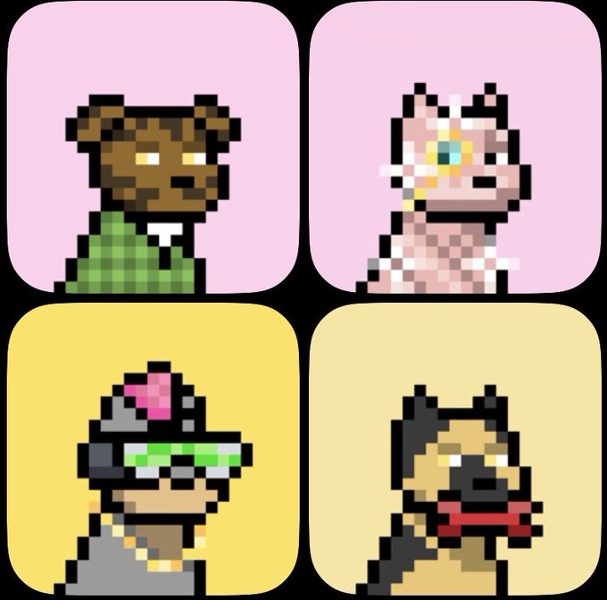 Four pixel art character portraits arranged in a 2x2 grid on pastel pink and yellow backgrounds, depicting various animal-like characters including a dog in a green shirt and a figure with green glasses.