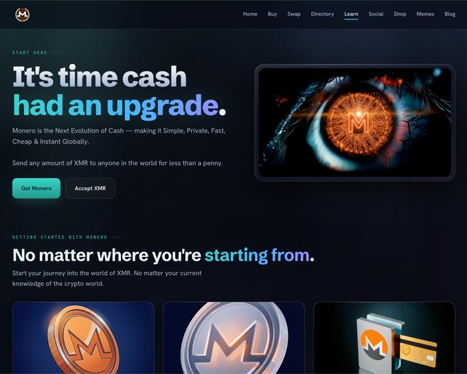 The image features a website for a cryptocurrency called M-Coin, which has a dark blue background with white text. The title of the website reads "It's time cash had an upgrade." Below this title, there are two images displayed on the page - one showing a coin and another displaying a credit card. The website also includes a contact form where users can send money to M-Coin or learn more about it by clicking on the provided links.