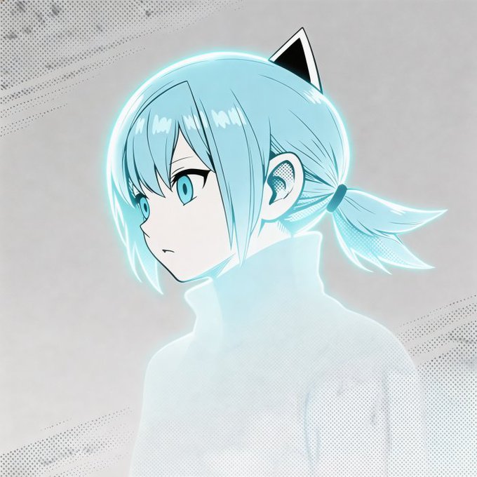 An anime-style illustration of a character with light blue hair in pigtails, glowing blue eyes, and black cat-ear-like accessories on their head, wearing a white turtleneck against a grey background.