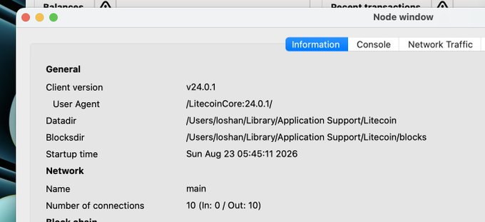 A screenshot of a cryptocurrency wallet interface showing Litecoin Core version v24.0.1 client information, including network status and recent transactions on a Node window.