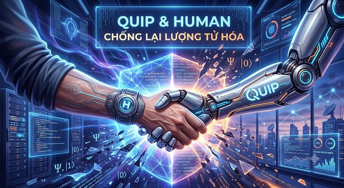 A futuristic digital artwork showing a human and robotic hand shaking in a handshake, with text 'QUIP & HUMAN' and 'CHỐNG LẠI LƯỢNG TỬ HÓA' displayed above the hands against a tech-themed background.