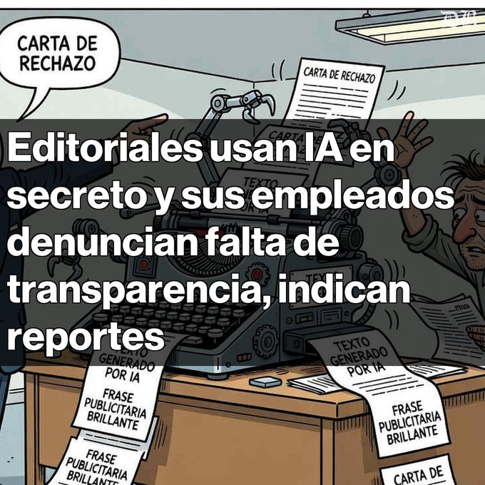 An editorial cartoon in Spanish depicts a typewriter printing rejection letters ('CARTA DE RECHAZO') and 'brilliant ad phrases' generated by AI, with a headline stating publishers secretly use AI while employees denounce lack of transparency.