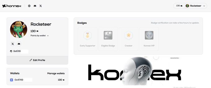 A KonneX user profile page displays "Rocketeer" with 130 points by wallet, four earned badges (Early Supporter, Eligible Badge, Creator, and Konnex VIP), and a connected wallet (0x4749...) holding 130 KONNEX tokens, illustrating the platform's active ecosystem mentioned in the post about Konnex's decentralized robotics AI network.