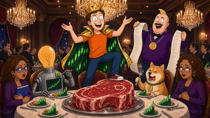 A cartoon scene shows a king crowned character in an orange shirt celebrating with arms raised next to a man in purple with a Bitcoin medallion holding scrolls, while a Shiba Inu dog wearing a Bitcoin coin sits at a dining table with a large raw steak and a robot displaying a stock chart.