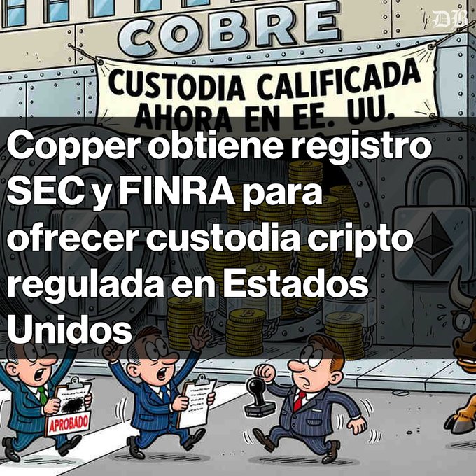A cartoon image featuring the word "COBRE" and a banner reading "CUSTODIA CALIFICADA AHORA EN EE. UU.", overlaid with Spanish text stating "Copper obtiene registro SEC y FINRA para ofrecer custodia cripto regulada en Estados Unidos."