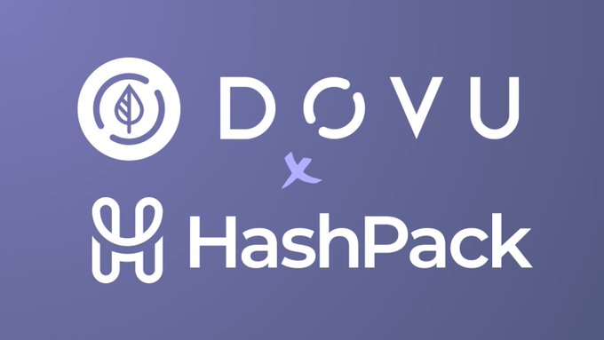 A promotional graphic showing a partnership between DOVU and HashPack, displayed on a purple background with both companies' logos.