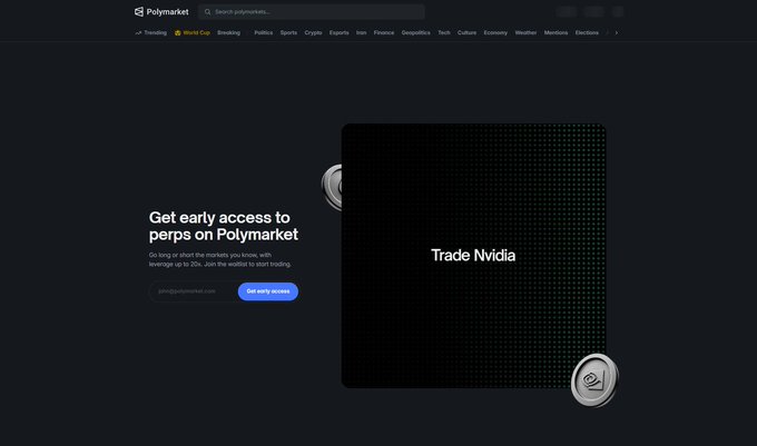 A screenshot of the Polymarket website homepage featuring a promotional banner for early access to perps, with text 'Get early access to perps on Polymarket' and a 'Trade Nvidia' button.