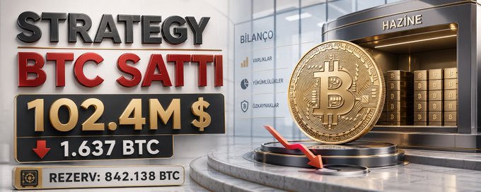 The image is a financial infographic announcing Strategy's (formerly MicroStrategy) Bitcoin sale of 1,637 BTC valued at $102.4 million, prominently displaying key figures: the sale amount, a current reserve of 842,138 BTC, and visual elements including a large gold Bitcoin coin, a treasury vault, and a red downward arrow indicating the decline in holdings.