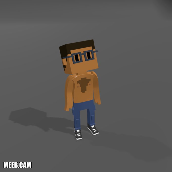 A blocky, low-poly 3D character model of a man wearing blue glasses, blue shorts, and a brown shirt with 'MEEB.CAM' watermarked in the corner.