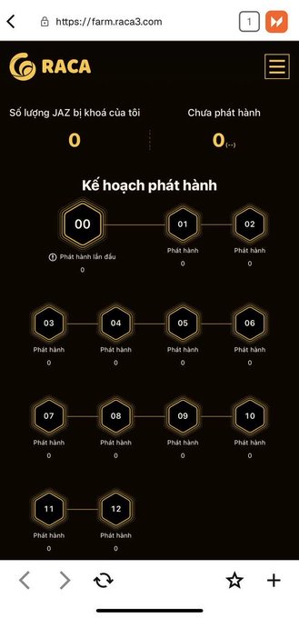 Mobile screenshot of the farm.raca3.com website in Vietnamese showing a 'Kế hoạch phát hành' (Release Plan) with numbered hexagons from 00 to 12, all currently at 0.