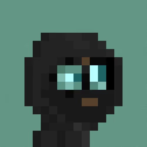 A pixel art character with dark skin, cyan eyes, and dark hair against a teal background.