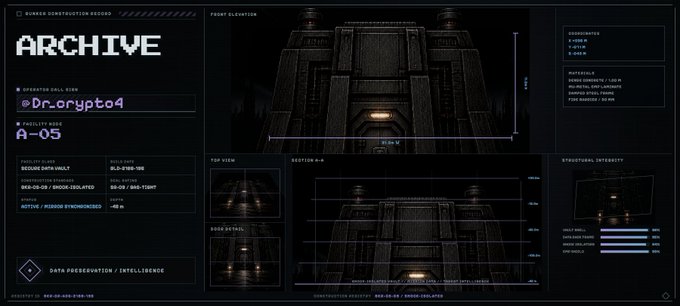 An archive-style data preservation document labeled 'ARCHIVE' with operator call sign '@Dr.crypto4' and satellite designation 'A-05', showing technical schematics of a bunker structure with front, top, and section views.
