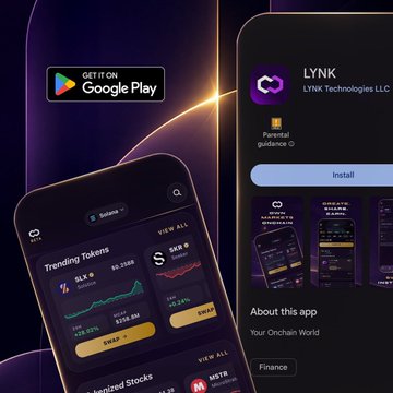 A promotional image for the LYNK app on Google Play, showing a trading dashboard interface with trending tokens like SOLX and SXP.