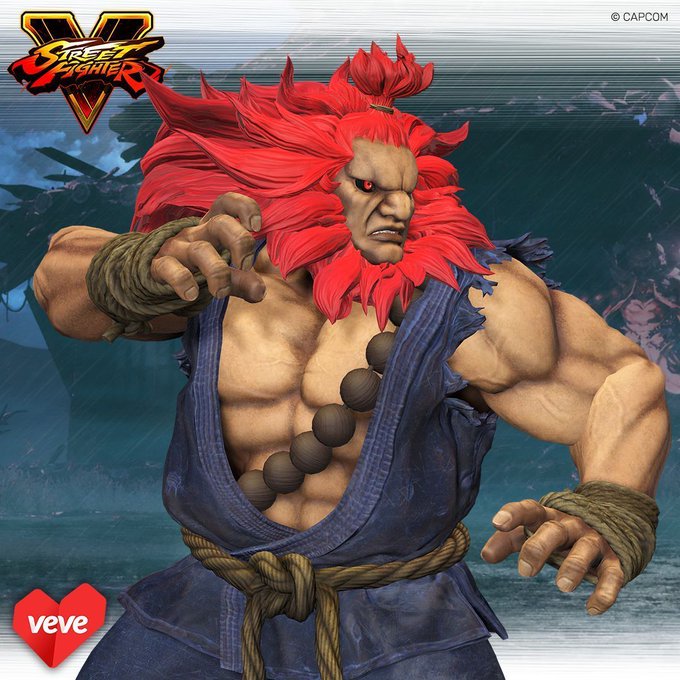 The image features a muscular man with red hair, dressed as a character from the video game Fortnite, wearing a blue outfit that includes a kimono-style robe. He has his arms outstretched and appears ready for battle or an intense fight scene. The caption of the image reads "AKUMA ARRIVES ON VEVE!! $OMI". This suggests that the man is promoting a video game called Fortnite, which features characters from the anime series "The Legend of Zelda: Ocarina of Time."