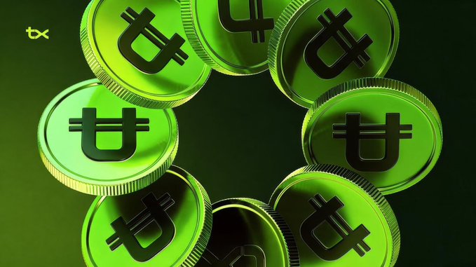 A graphic featuring multiple green Tether (USDT) cryptocurrency coins arranged in a circular pattern against a dark background.