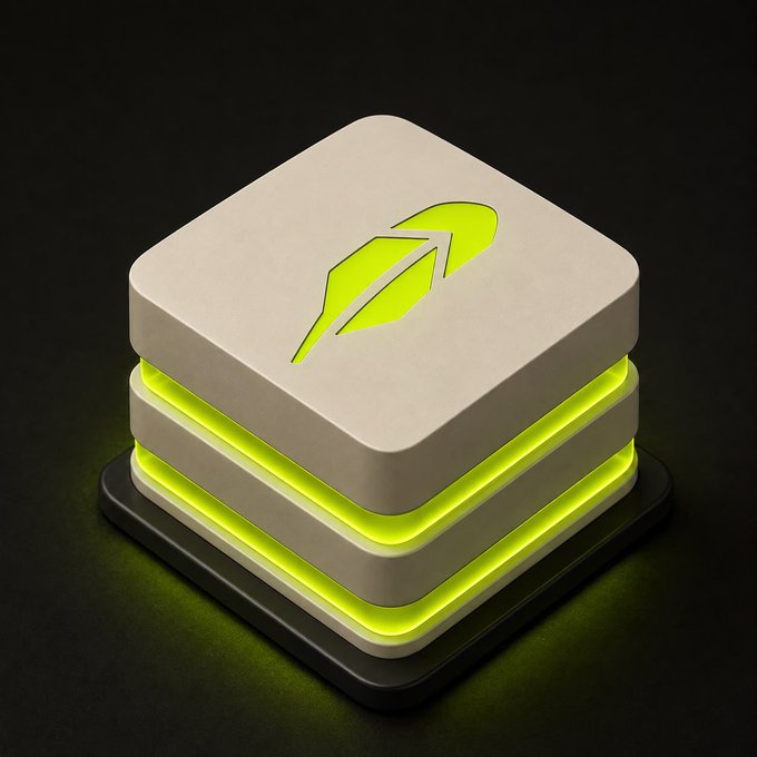 A 3D-rendered stack of three white tiles with glowing green neon edges, featuring a green quill/leaf logo on the top tile against a dark background.