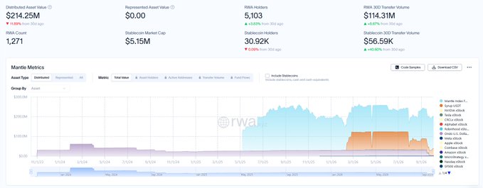 A cryptocurrency dashboard shows an asset value of $214.25M, 5,103 RWA Holders, and a Mantle Metrics chart tracking Total Value over time with various asset categories.