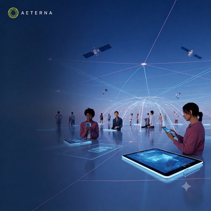 A futuristic digital illustration shows diverse people interacting with tablets and smartphones within a glowing network of interconnected light beams and satellites, with the "AETERNA" logo displayed in the top-left. The image visually represents Aeterna's Open UBI ecosystem, symbolizing how builders, creators, and contributors are linked through a shared, decentralized network where value flows back to those who power it.