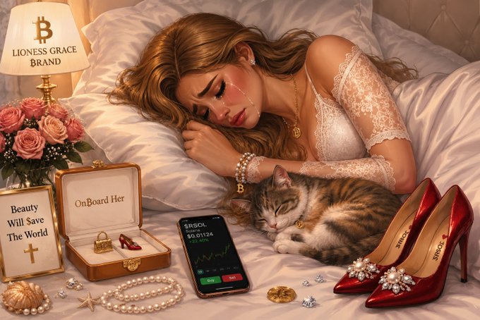 An AI-generated illustration of a woman sleeping in bed next to a cat, surrounded by Bitcoin symbols, 'LIONESS GRACE BRAND', and a smartphone displaying '$RSOL'.