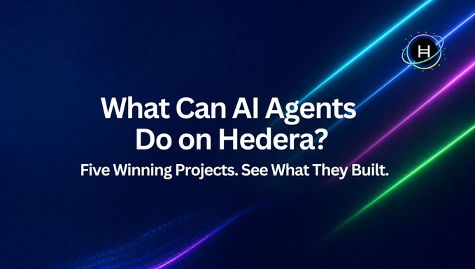 The image is a dark blue promotional graphic featuring neon light streaks in pink, blue, and green, with the Hedera logo in the top right corner and the text "What Can AI Agents Do on Hedera? Five Winning Projects. See What They Built." It serves as a title card introducing the post about five AI agent projects built on the Hedera network.