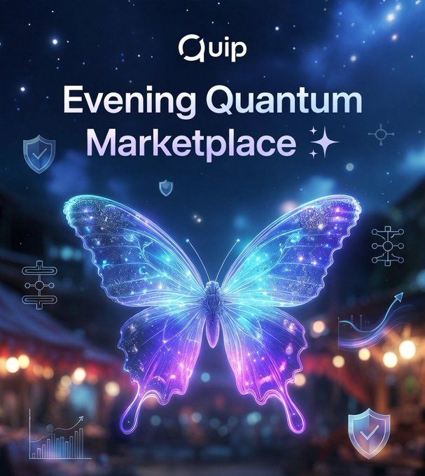 The image features a butterfly with blue wings, set against a dark night sky filled with stars. The butterfly appears to be floating or hovering above an urban setting that includes buildings and streetlights. The background of the image also contains text elements related to the concept of Quantum Physics and the evening market place.