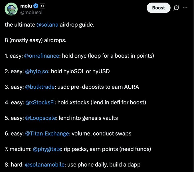 The image shows a tweet from @molusol titled "the ultimate @solana airdrop guide," listing 8 airdrop farming opportunities ranked by difficulty, including Onre Finance (hold onyc), Hylo (hyloSOL/hyUSD), Bulktrade (USDC pre-deposits for AURA), xStocksFi (hold xstocks), Loopscale (lend into genesis vaults), Titan Exchange (volume/swaps), Phygitals (rip packs), and Solana Mobile (use phone/build dapp)—aligning with the post's theme of active airdrop farming strategies.