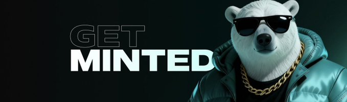 A promotional graphic featuring a polar bear wearing sunglasses, a gold chain, and a teal puffer jacket, with the text 'GET MINTED' displayed prominently.