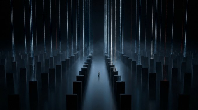 A dark, moody digital artwork showing a small silhouetted figure walking down a foggy corridor flanked by rows of tall, dark monoliths, with vertical beams of light streaming down from above.