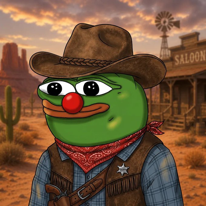 A cartoon illustration of Pepe the Frog dressed as a Wild West sheriff, wearing a brown cowboy hat, red bandana, fringed vest with a sheriff badge, and holstered gun, posed in front of a desert saloon at sunset.