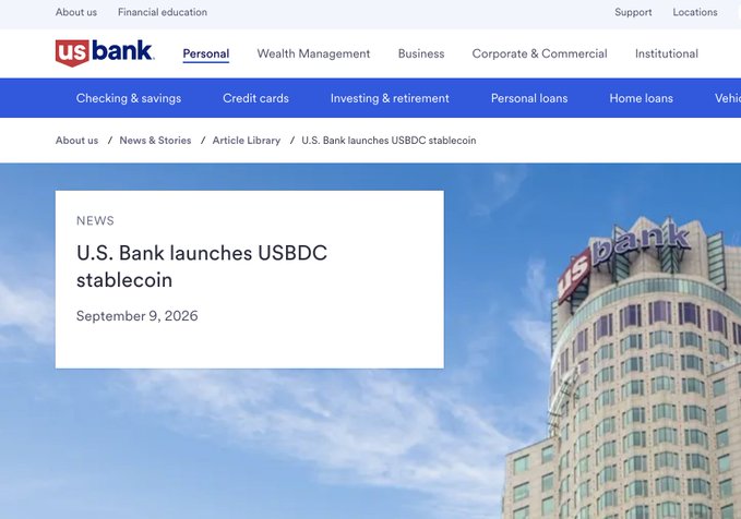 A U.S. Bank webpage screenshot displaying a news article titled 'U.S. Bank launches USDC stablecoin' dated September 9, 2026, with a photo of a U.S. Bank building against a blue sky.