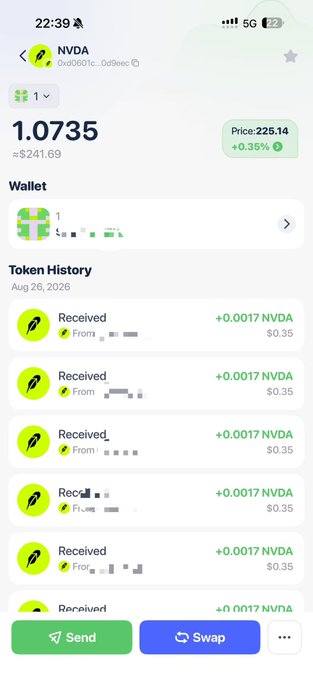 A screenshot of a cryptocurrency wallet app showing the 'NVDA' (NVDA60...) token with a price of $225.14 and a transaction history of received amounts.