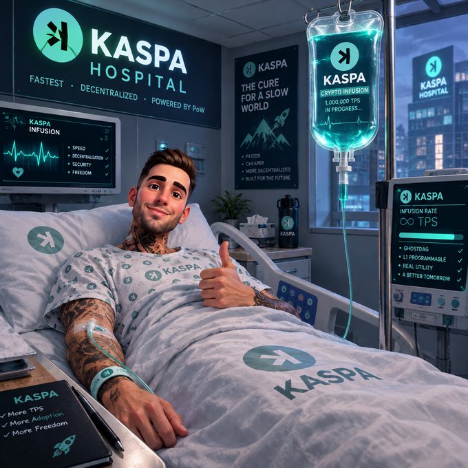 A 3D-rendered illustration of a tattooed man giving a thumbs-up in a hospital bed branded with "KASPA HOSPITAL" logos, connected to an IV drip displaying crypto-themed "infusion" metrics like "TPS" and "Ghostdag."
