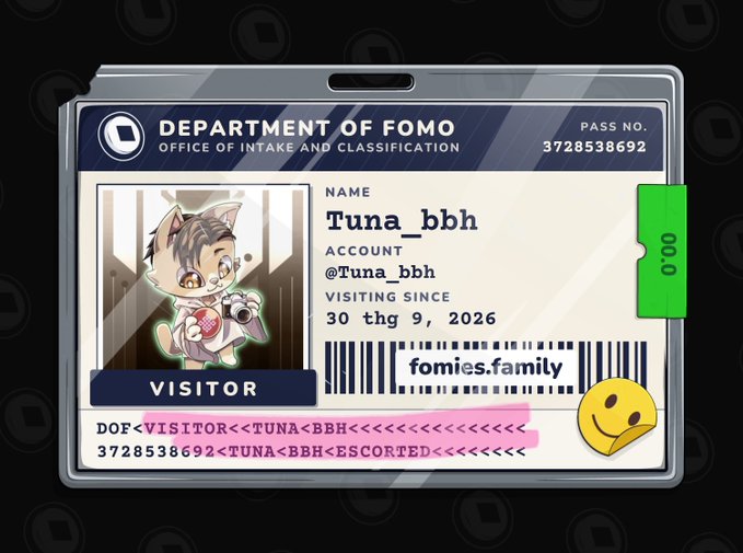 A digital ID card titled 'DEPARTMENT OF FOMO / OFFICE OF INTAKE AND CLASSIFICATION' for a visitor named 'Tuna_bhh' with account '@Tuna_bhh' and website 'fomies.family'.