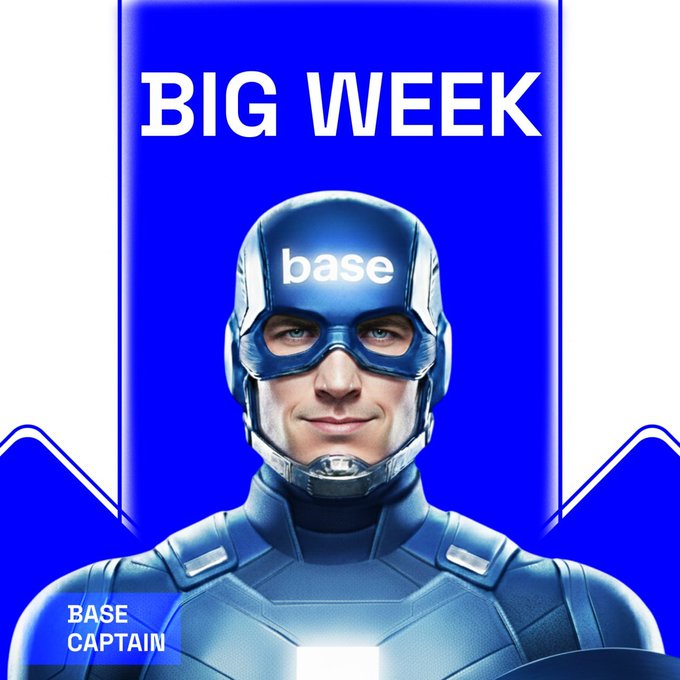 A promotional graphic featuring a superhero-like figure in blue armor with "base" on his forehead, labeled "BIG WEEK" at the top and "BASE CAPTAIN" in the bottom left.