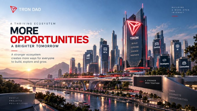 Promotional image for TRON DAO featuring a futuristic cityscape with the TRON logo on a central building, highlighting 'More Opportunities, A Brighter Tomorrow' and categories like DeFi, NFTs, Gaming, AI, Developers, and Communities.
