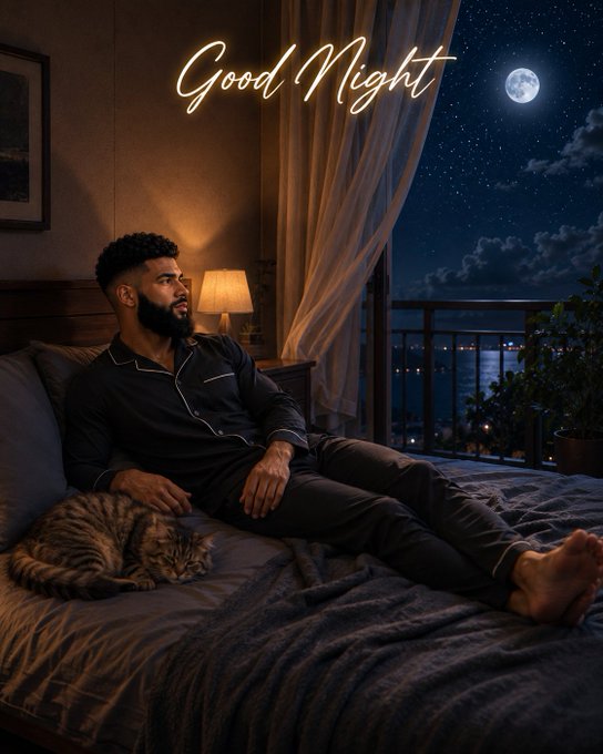 A nighttime scene showing a man in black pajamas reclining on a bed with a sleeping cat, gazing out at a moonlit ocean view through sheer curtains, with "Good Night" written in glowing script.