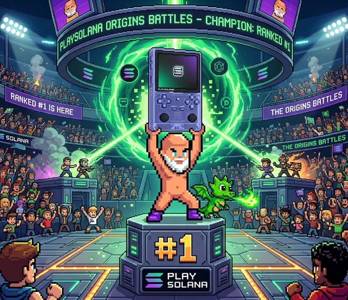 A pixel-art champion stands atop a #1 podium holding a gaming handheld, surrounded by a cheering crowd and banners reading "PLAYSOLANA ORIGINS BATTLES – CHAMPION: RANKED #1," "THE ORIGINS BATTLES," and "RANKED #1 IS HERE." The vibrant scene celebrates the poster's bragging rights as the undisputed top competitor in the Playsolana Origins Battles leaderboard.