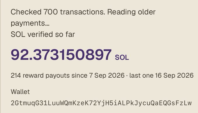 A cryptocurrency screen shows '92.373150897 SOL' with text indicating 700 transactions checked, 214 reward payouts since 7 Sep 2026, and a wallet address starting with '2GtmuqG31LuuWQmKzeK72YjH5iALPkJycuQaEQGsFzLw'.