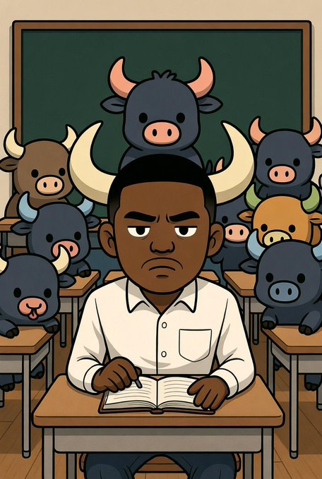 A focused student sits at his desk in a classroom surrounded by classmates wearing cartoon bull masks, visually tying into the bullish "keep it up" sentiment of the post promoting the token CA: 3CpdZcPgvhhNvWX9Y5MwXXCfkYwJP4CLbWW8XJ42pump.