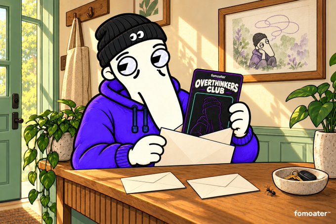 The image shows a cartoon character wearing a "fomoater" beanie and hoodie, sitting at a wooden desk while holding up a tablet displaying the "OVERTINKERS CLUB" logo (branded with "fomoater"), with an envelope in their other hand and more envelopes scattered on the desk alongside a plant and key bowl. The caption reads: "A cartoon character in a 'fomoater' beanie reads 'OVERTINKERS CLUB' on a tablet while sorting envelopes at a desk, illustrating the airdrop distribution to early raffle entrants."

Wait, let me refine to be more concise and capture the key elements including the "fomoater" branding.