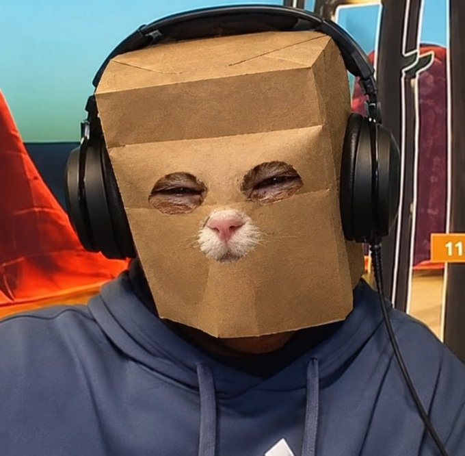 A person wearing a blue hoodie has a brown paper bag over their head with cutouts revealing a cat's eyes and nose, while wearing large black over-ear headphones.