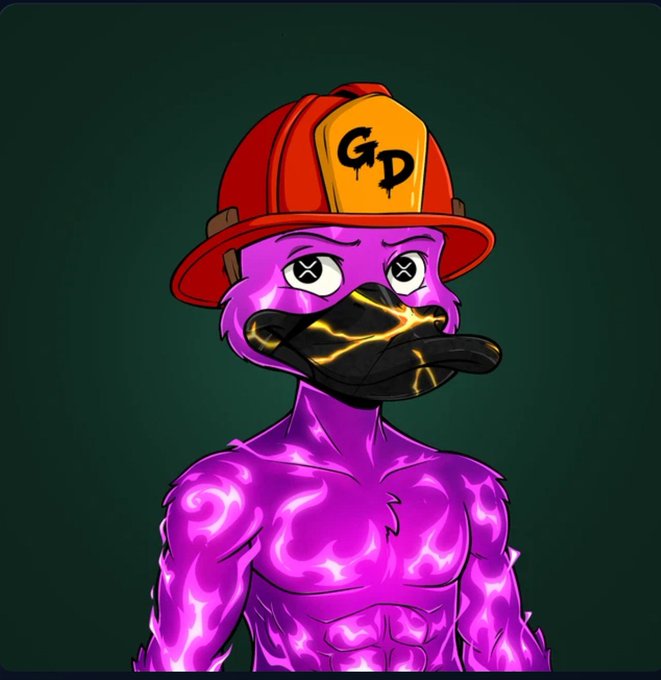 A cartoonish purple furry character wearing a red firefighter helmet with 'GD' on the badge and a black duck-like bill with yellow lightning patterns.