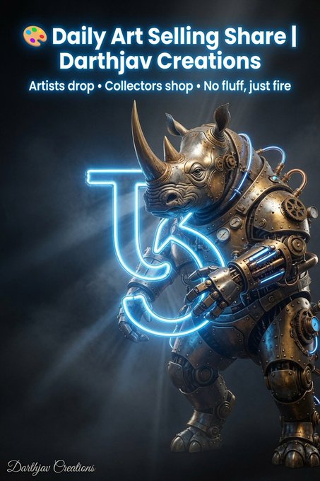 Promotional image reading "Daily Art Selling Share | Darthjav Creations" and "Artists drop • Collectors shop • No fluff, just fire," showcasing a steampunk mechanical rhinoceros with a glowing neon "D" logo overlay.