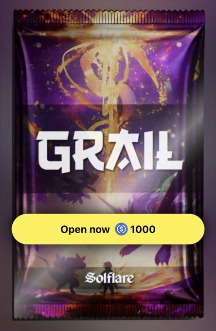 A digital pack labeled 'GR太儿' by Solflare with a button reading 'Open now 1000' against a fantasy-themed purple background.